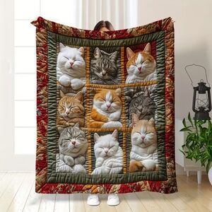 Cat Quilt Throw Blanket 30x40 Patchwork Lap Blanket Cozy Flannel Cat Lover Gift